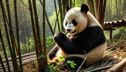 Obraz premium A panda sitting amidst bamboo forest, munching on bamboo shoots, with its round body highlighted.