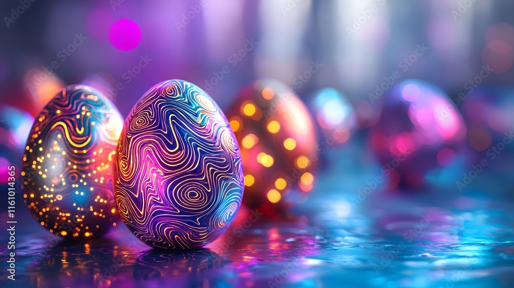 Poster futuristic and visually striking easter eggs with intricate glowing patterns and metallic textures o