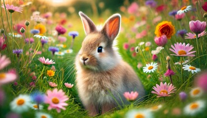 Fototapeta premium A rabbit sitting in a flower-filled meadow, its soft fur blending with the colorful surroundings.