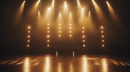 Award party stage golden stage glitter animation. Stars, lights and particles. Luxury gold light streak. Particle, luxury awards ceremony background, awards performance. 3D illustration