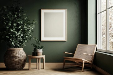 Scandi Boho Interior Mockup: Modern Green Wall with Empty Picture Frame, Plants, Rattan Chair. Free Photo Copying