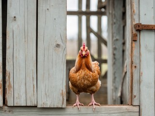 Chicken Looking Through Wooden Plank Opening in Farm Structure