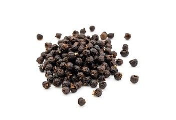 Heap of Black Pepper,Thai Indian Spice, isolated on White,Top Center View