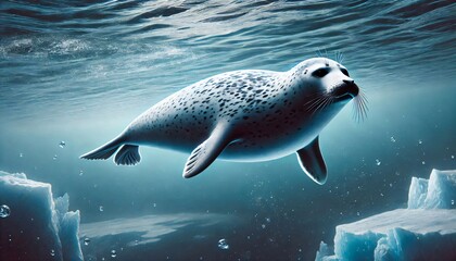 Obraz premium A realistic depiction of a leopard seal swimming under icy waters, showcasing its streamlined body.