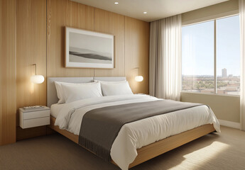 A modern bedroom with light wood paneling, a white bed and headboard, a grey blanket at the end of the bed, wall lighting, a large window, minimalistic design elements