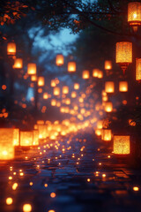 Fototapeta premium Glowing traditional Chinese lanterns hanging in rows across a festive street at night, creating a vibrant New Year celebration.