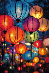 Glowing traditional Chinese lanterns hanging in rows across a festive street at night, creating a...