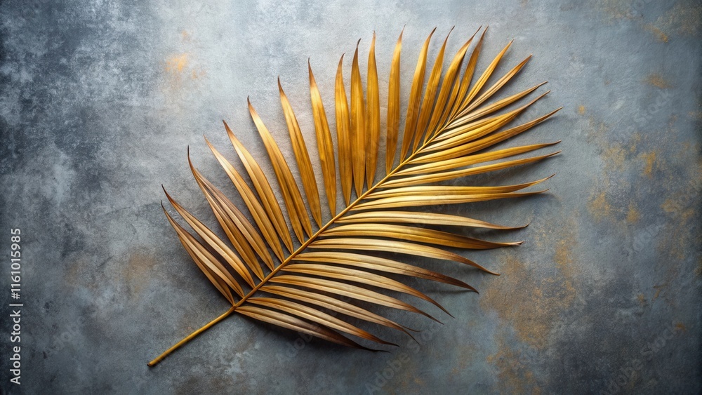 Aufkleber a single golden palm frond rests on a textured gray surface, showcasing a harmonious blend of natura