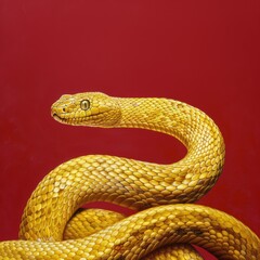 Fototapeta premium Captivating Close-Up of a Vibrant Yellow Snake on a Red Background