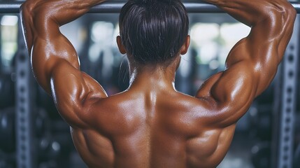 Muscular male back with defined rippling back muscles straining and flexing during challenging pull up exercise in a fitness gym setting  Concept of strength power and physical fitness