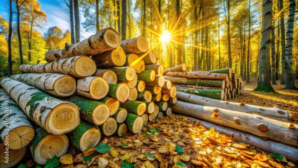 Poster Sunbeams illuminate the stacked logs in a forest clearing, casting golden light on the surrounding foliage and creating a sense of warmth and tranquility.