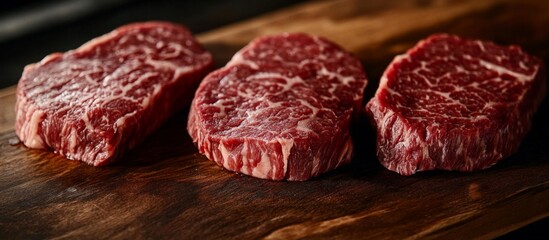 Fototapeta premium Close-Up View of Wagyu Beef Striploin Steak, Focus on Texture