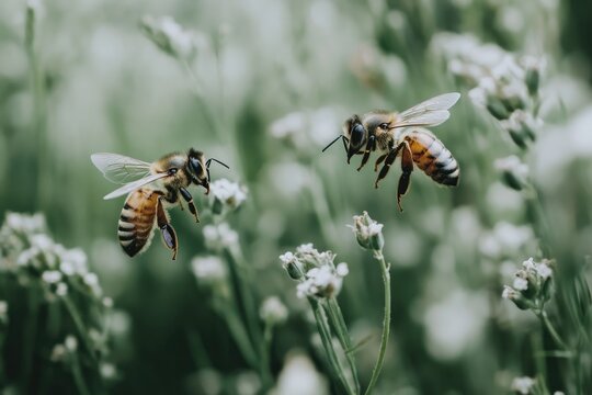Bees hover delicately over small white flowers, showcasing natur