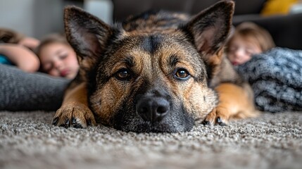 A close up portrait of a loyal dog carefully watching over their sleeping family members providing a sense of safety security and comfort in the cozy peaceful domestic setting
