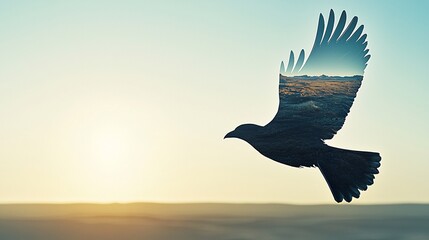 Fototapeta premium double exposure of a bird in flight, with the bird's wings transforming into a view of a vast desert landscape, symbolizing liberation. The background is minimal and neutral for adding text. 
