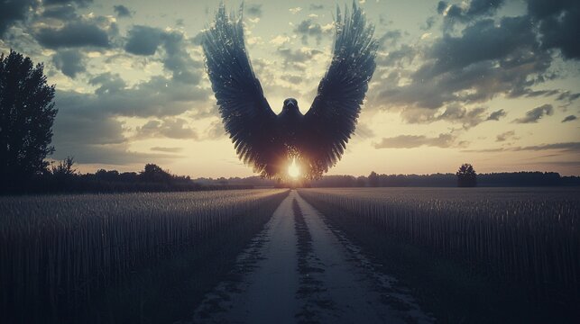 double exposure image of a bird with its wings open wide, merging with the image of a sunrise over a wide-open field, conveying a sense of freedom and new beginnings. Plenty of room for text 