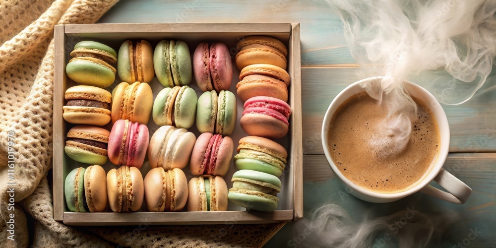 Poster a steaming cup of coffee and a box of colorful macarons on a wooden table