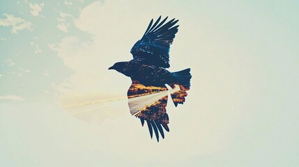 Fototapeta premium double exposure of a bird soaring through the sky, with the bird’s body blending into an image of an open road stretching into the horizon, symbolizing freedom and the journey ahead. [Bird]:[Freedom] 