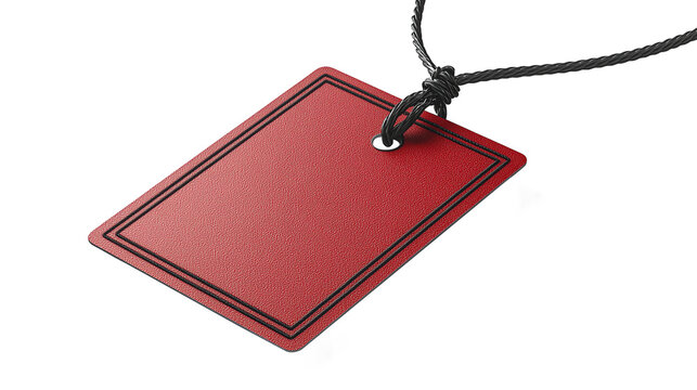 A bold red rectangular label with a matching black string loop, isolated on a transparent background for mockups, branding, or packaging designs
