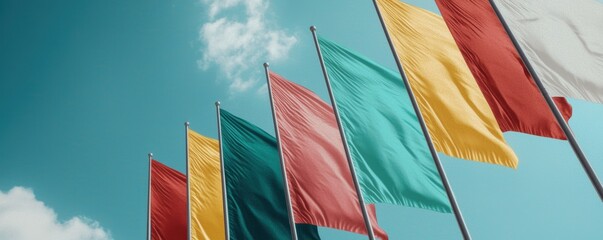 Colorful Flags Flying Against Clear Blue Sky on a Sunny Day