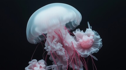 Glowing jellyfishes float above a vibrant rave, creating a surreal and psychedelic atmosphere amidst a black background