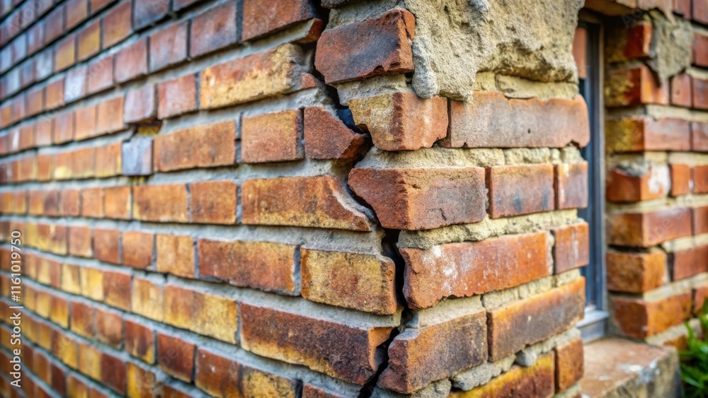 Poster a weathered brick wall with a crack running diagonally through it, revealing the mortar underneath, 