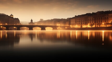 Naklejka premium Long exposure of light reflections in a city, golden hour lighting, empty space on the left for text,generative ai illustration