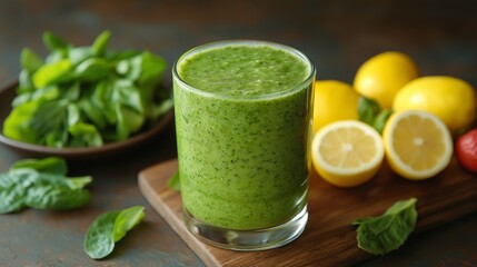 Fototapeta premium Green smoothie with lemons and spinach on a wooden board healthy beverage,