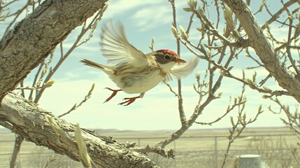 bird taking off from a tree branch, with the surrounding scenery showing an open field and sky, evoking a sense of liberation and opportunity. Clean space for text or logos. [Bird]:[Freedom] 