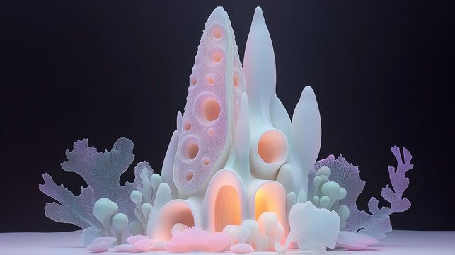 Harp sponge illuminated by glowing pastel hues with rare underwater plants in black backdrop