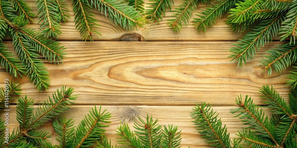 Poster A rustic wooden background adorned with fresh evergreen boughs, creating a simple yet festive backdrop.