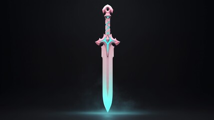 Fototapeta premium Glowing ornate dagger with floral handle and pastel neon highlights surrounded by mist in a dark background