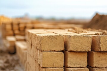Stacks of raw bricks on construction site showcasing earthy tone