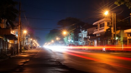 Long exposure oflight trail from cars, golden hour lighting, empty space on the left for text,generative ai illustration