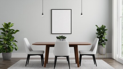 Smart home interiors blend technology with functionality. Modern dining room with minimalist decor and plants.