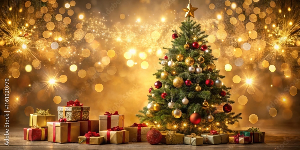 Poster a festive christmas tree adorned with ornaments and twinkling lights, standing proudly against a bac
