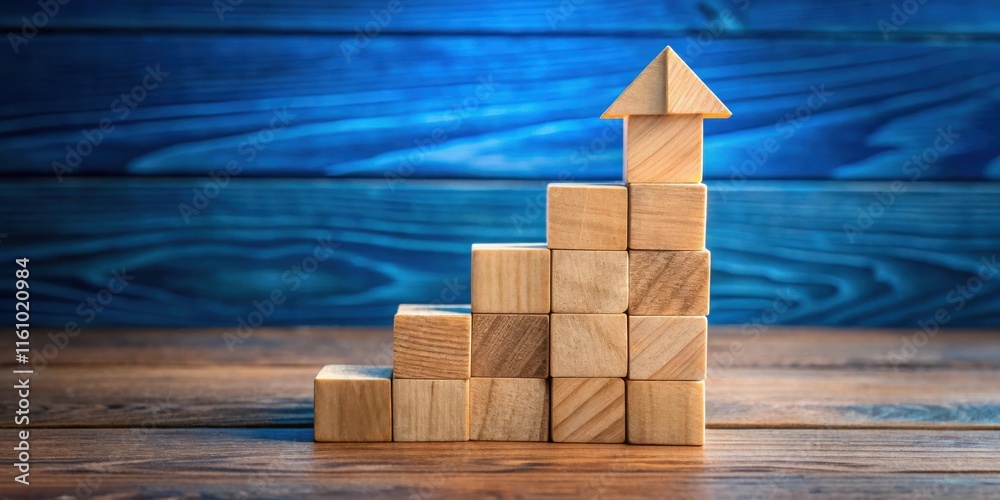 Poster Wooden blocks arranged in a staircase shape with an arrow at the top symbolizing upward growth and success