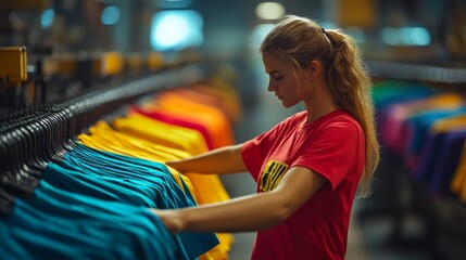 Worker overseeing colorful t-shirt printing in factory
