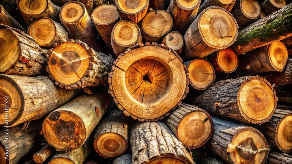 Poster a close-up view of a pile of freshly cut logs, revealing the intricate rings and textures of the woo