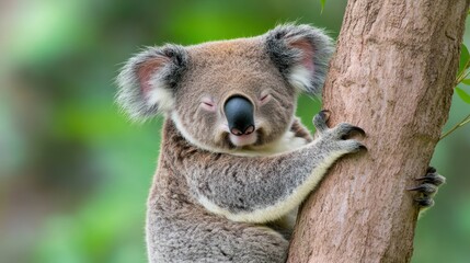 Obraz premium A koala resting on a tree, showcasing its cute features.