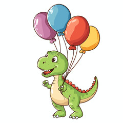 Fototapeta premium Cute green dinosaur holding colorful balloons at a festive celebration for children