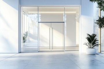 Obraz premium Modern storefront mockup with sleek white facade and empty glass windows for design presentation