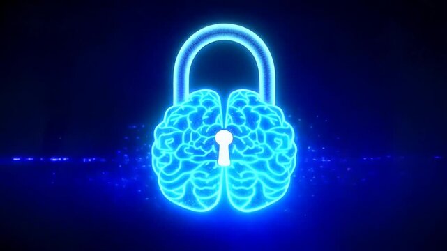 Digital brain lock symbolizing cyber security, protecting sensitive information with advanced encryption