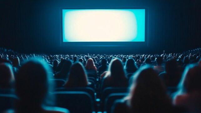 Immersive Cinema Experience: Diverse Crowd Silhouettes Against Massive IMAX Screen with Dramatic Lighting and Rapt Audience Attention
