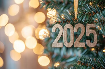 Lighted number 2025 ornament hanging on christmas tree