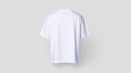 A plain white t-shirt viewed from the back against a light background.