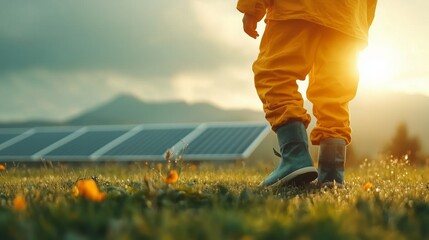 Innovative sun made of solar panels radiates energy over minimal landscape celebrating renewable energy and sustainability efforts