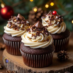 Gourmet Holiday Cupcakes with Festive Decorations and Berries