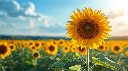 Single Sunflower in a Field of Sunflowers Under a Blue Sky