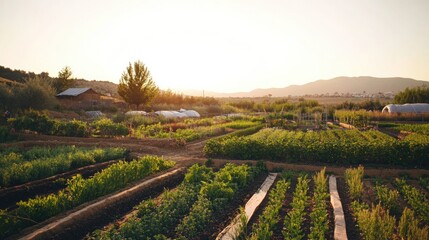 Lush fields stretch under golden sunset, showcasing diverse crop